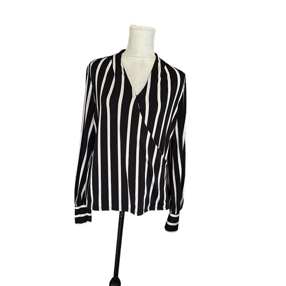 Adrianna Papell Faux Wrap Striped Blouse Size M Long Sleeve Office Wear Or Casua